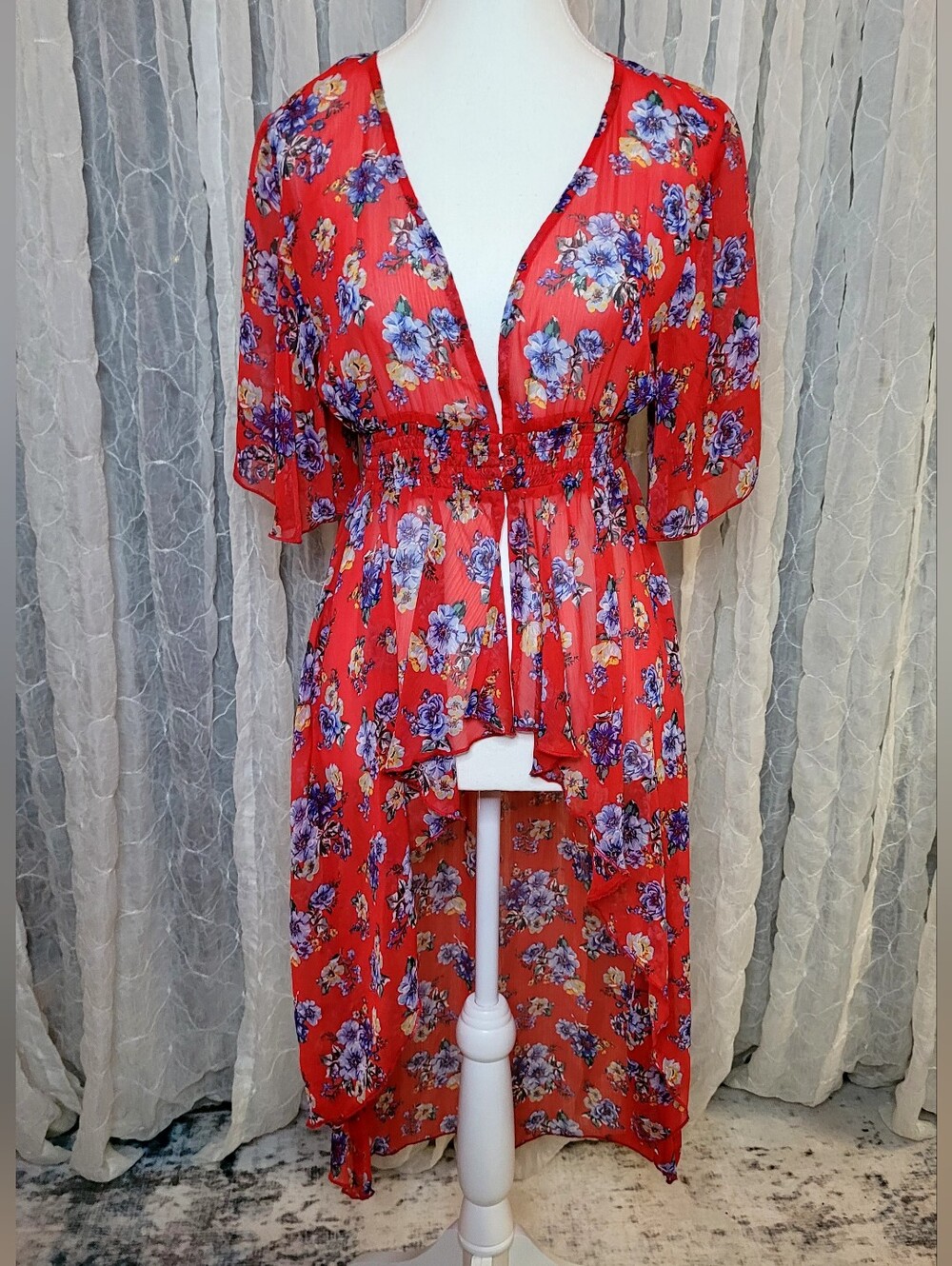 Almost Famous Red V Neck Floral Sheer High Low Kimono Duster Swim Cover Up S